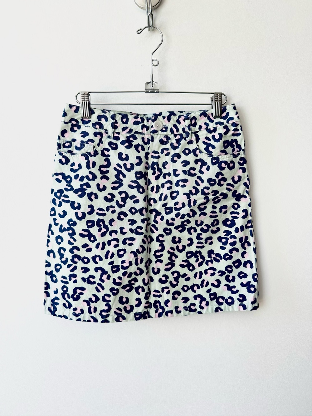 A.P.C. Mint Leopard-Print 100% Cotton Mini Skirt with Navy and Pink Spots